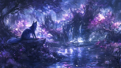 Mystical Wolf in Purple Forest