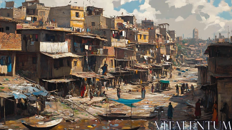 Detailed Cityscape Painting of a Crowded Settlement AI Image