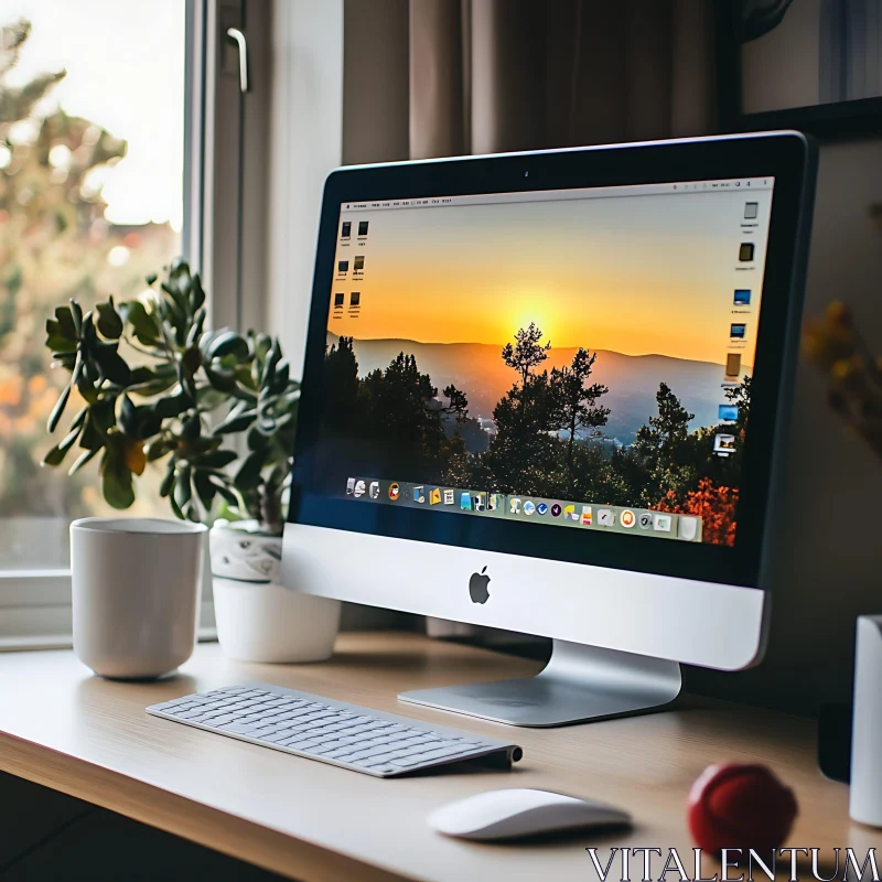 Serene Workspace Setup with Desktop and Sunset AI Image