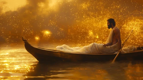 Man in Boat on River of Gold