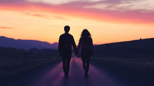 Sunset Walk: A Couple's Silhouette Against the Horizon