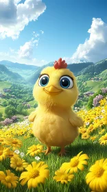 Adorable Chick in Blossoming Field