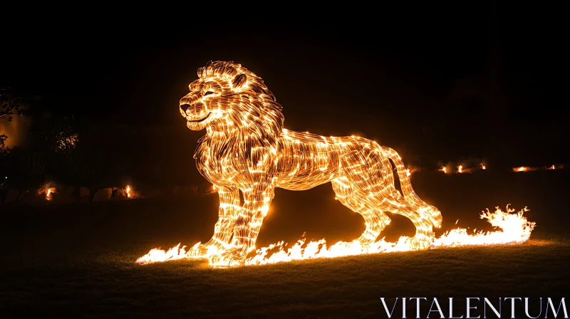 Glowing Lion Fire Art at Night AI Image