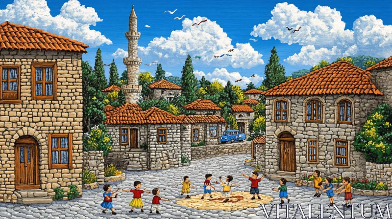 Kids Play in the Old Town Square AI Image