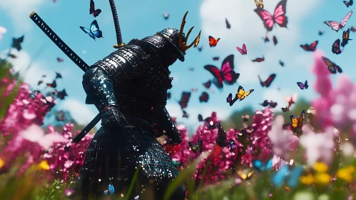 Armored Samurai Among Blossoming Flowers