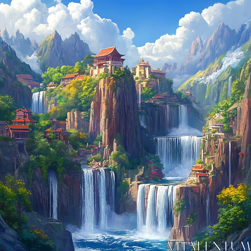 Scenic Mountain View with Cascading Waterfalls AI Image