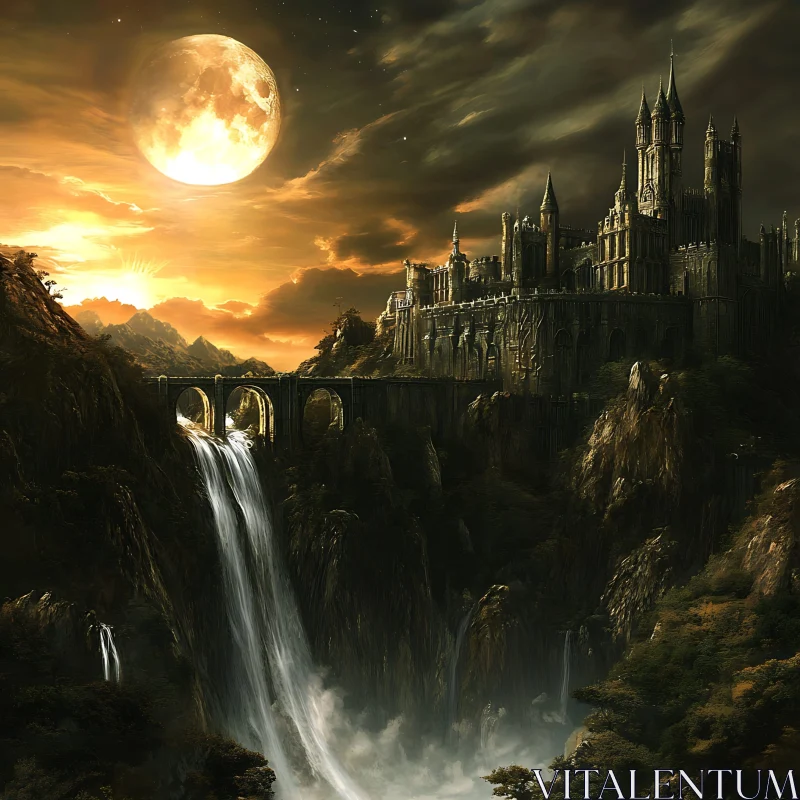 AI ART Fantasy Castle and Waterfall