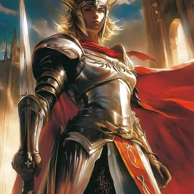 Female Warrior in Armor Holding Sword