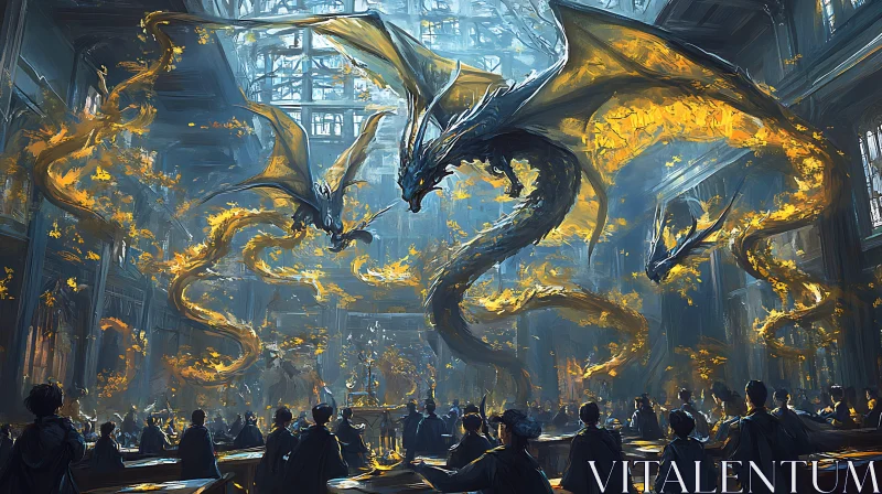 Dragons Overlook Gathering in Hall AI Image