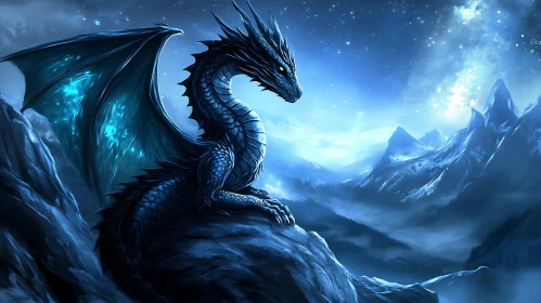 Blue Dragon Overlooking Starry Mountains