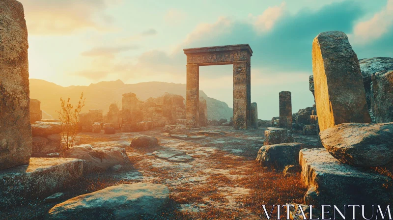 Stone Ruins Landscape Sunset AI Image