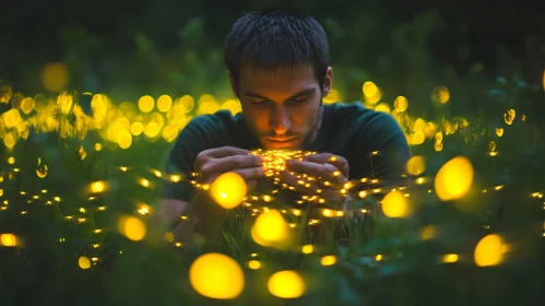 Glowing Fireflies Held by a Man