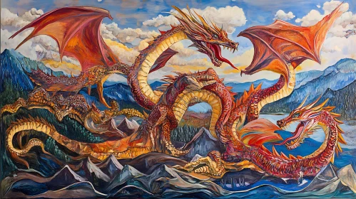 Fantasy Dragons Painting on Mountain Landscape