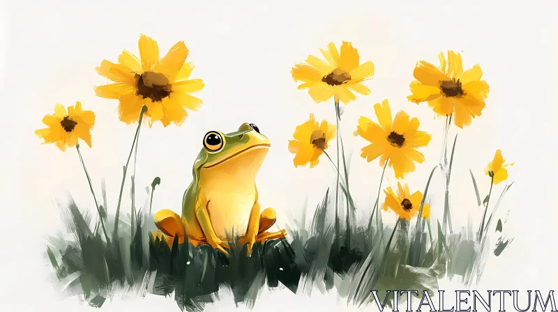 Frog in a Flowered Field AI Image