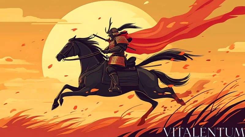 AI ART Equestrian Samurai Sunset Silhouette