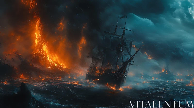 Fiery Shipwreck in Stormy Waters AI Image