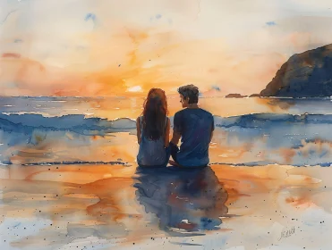 Couple Watching Sunset Watercolor Art