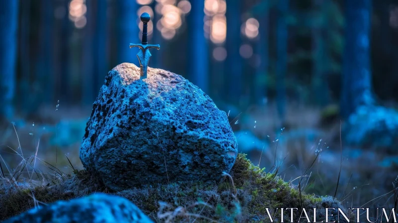 Ancient Sword Stuck in Stone: Captivating Still Life Photography AI Image