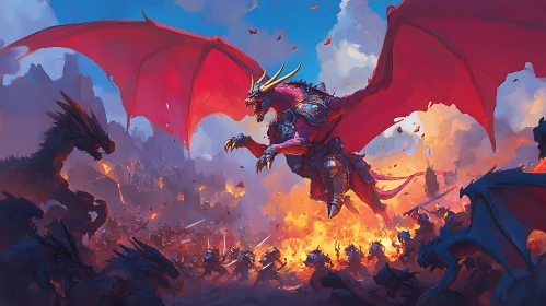 Dragon and Warriors in Fiery Conflict