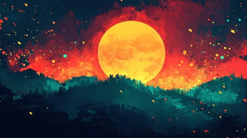 Sunset with Radiant Moon and Forest Silhouette