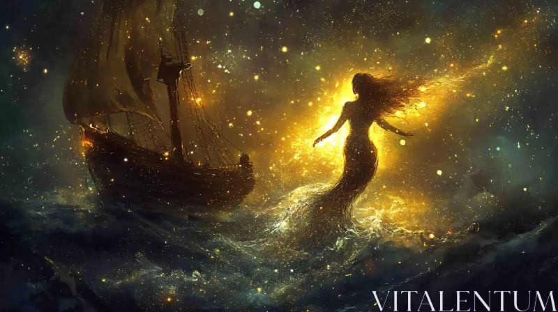 AI ART Glowing Mermaid by a Sailing Ship