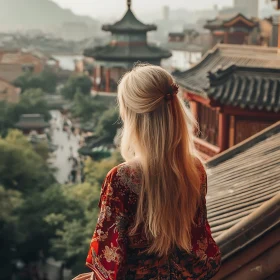 Blonde Woman in Kimono Gazing at Cityscape