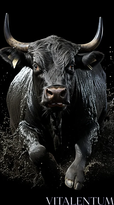 Black Bull Running in Mud - A Close-up Portrayal AI Image