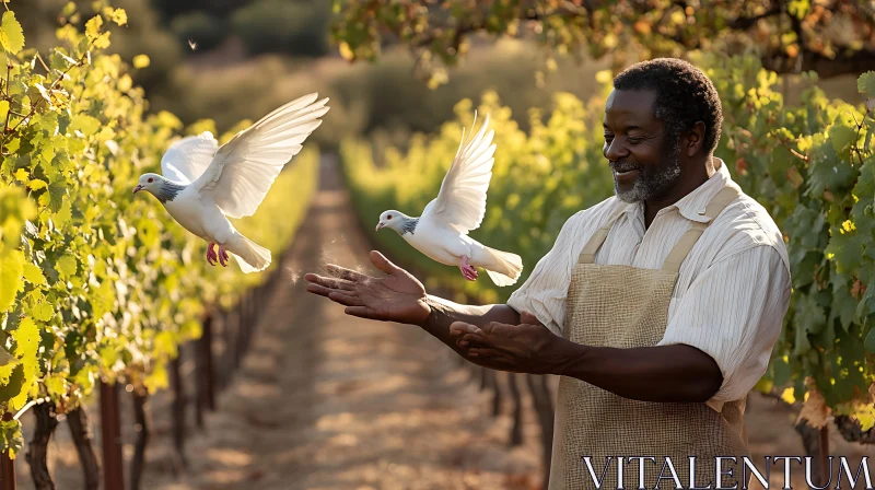 Man Releasing Doves in Vineyard AI Image