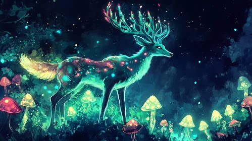 Luminous Deer Amidst Glowing Mushrooms