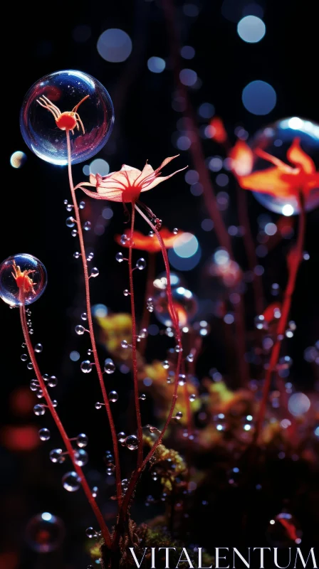 Ethereal Water Bubbles and Red Flowers - Futuristic Psychedelia AI Image