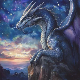 Blue Dragon Under Starry Night Canvas