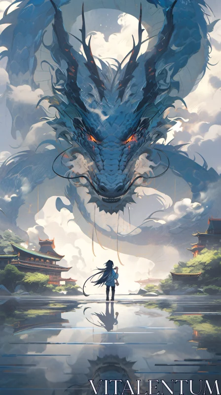 Woman and Dragon in Tranquil Setting AI Image