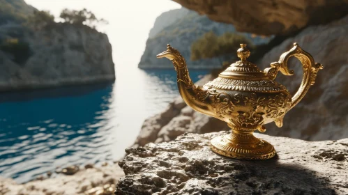 Golden Magic Lamp on Rock - Enchanting 3D Rendering