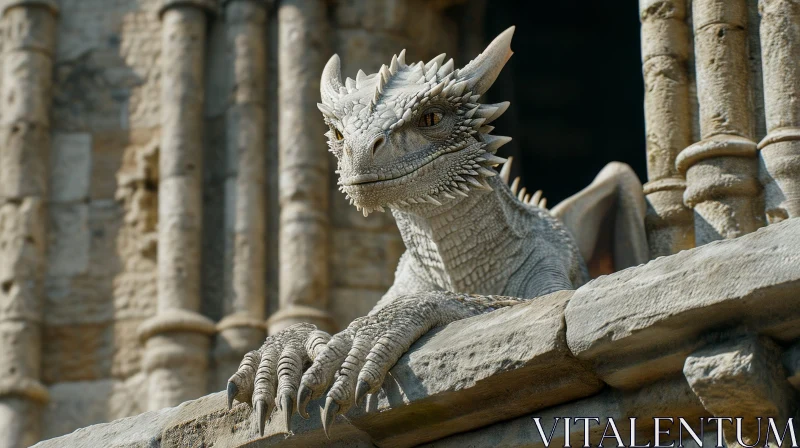 Majestic White Dragon - 3D Rendering on Stone Ledge AI Image