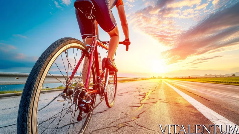 Male Cyclist Riding Bike on Roadway at Sunset AI Image