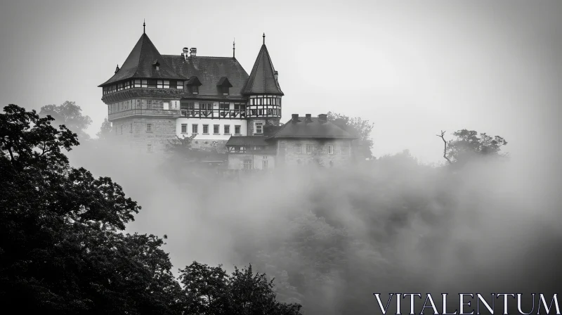 Neuschwanstein Castle: A Mysterious Black and White Image AI Image