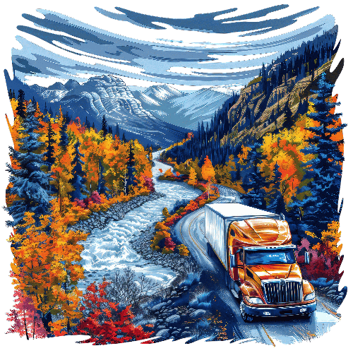 Orange Truck on Mountain Road with Autumn Scenery