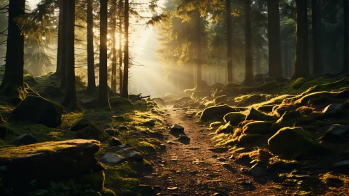 Sunlit Forest with Mossy Stones: A Transcendental Landscape