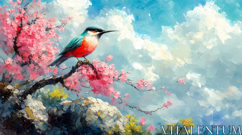 Colorful Bird on a Blooming Branch AI Image