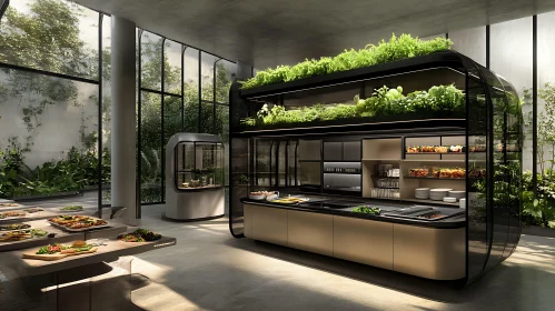 Contemporary Kitchen with Floor-to-Ceiling Windows and Plant Holders