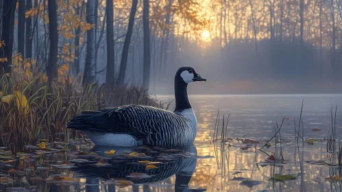 Tranquil Lake Scene with Goose at Dawn