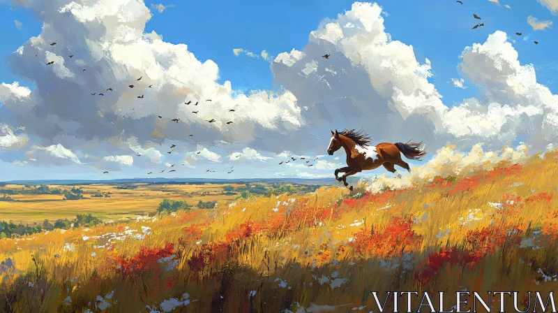 Horse Running through Scenic Landscape AI Image