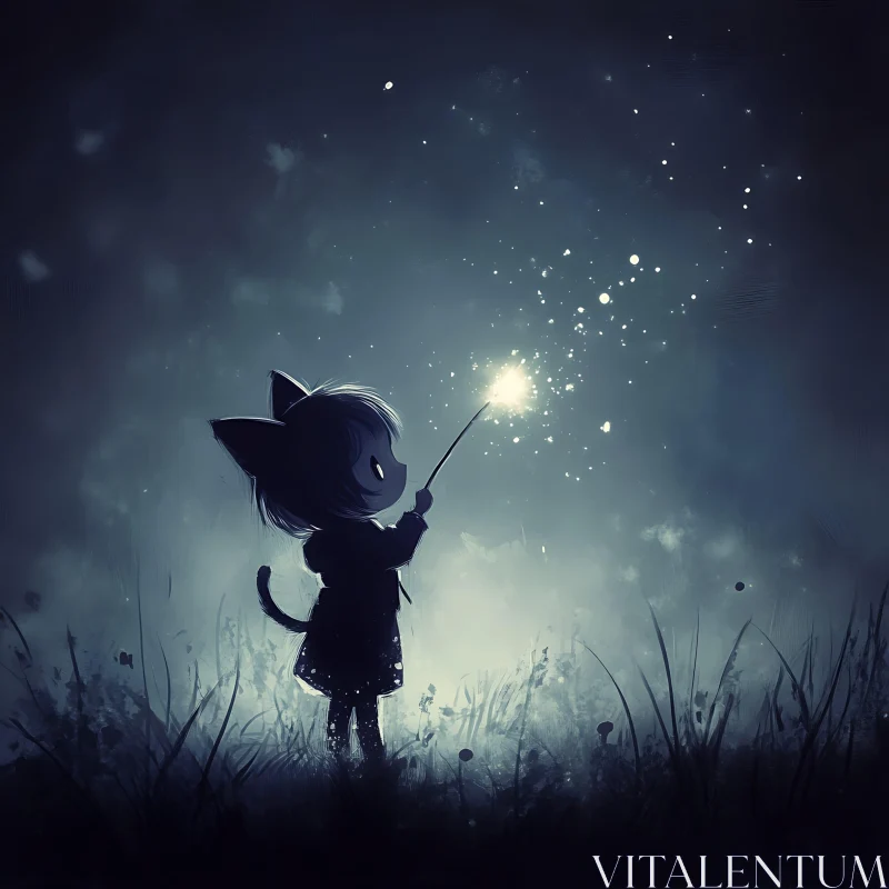 AI ART Whimsical Night Scene with Cat-Eared Child