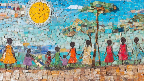 Mosaic Art: Children in a Sunny Landscape