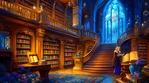 Ornate Library with Stained Glass Window