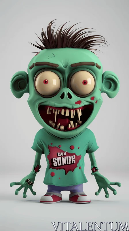 3D Cartoon Zombie with Green Complexion and SUNWIP Shirt AI Image