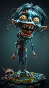 3D Rendered Cartoon Zombie with Yellow Eyes and Blue Jeans