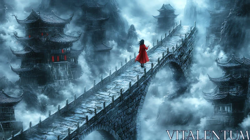 Woman in Red on Foggy Asian Bridge AI Image