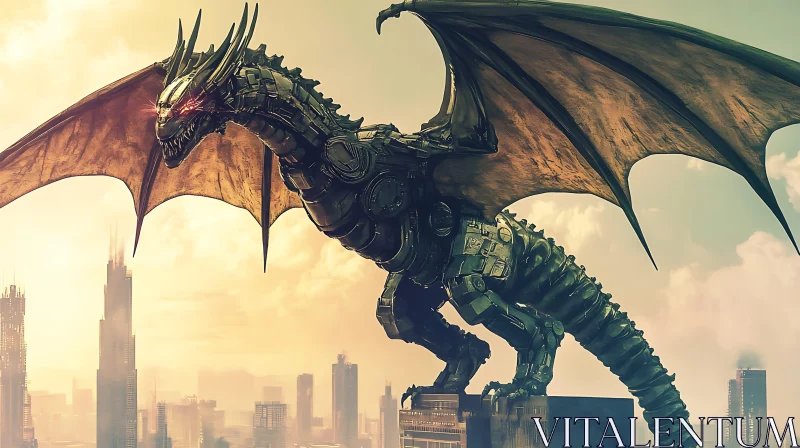 AI ART Cyborg Dragon Overlooking Metropolis