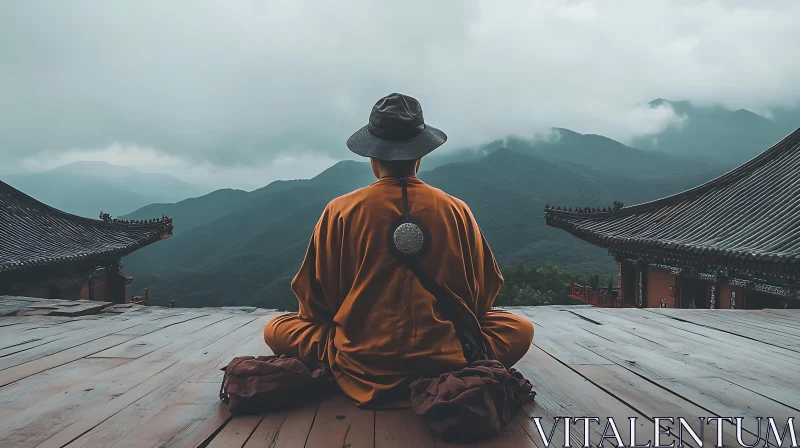 Meditative Monk in Mountain Landscape AI Image